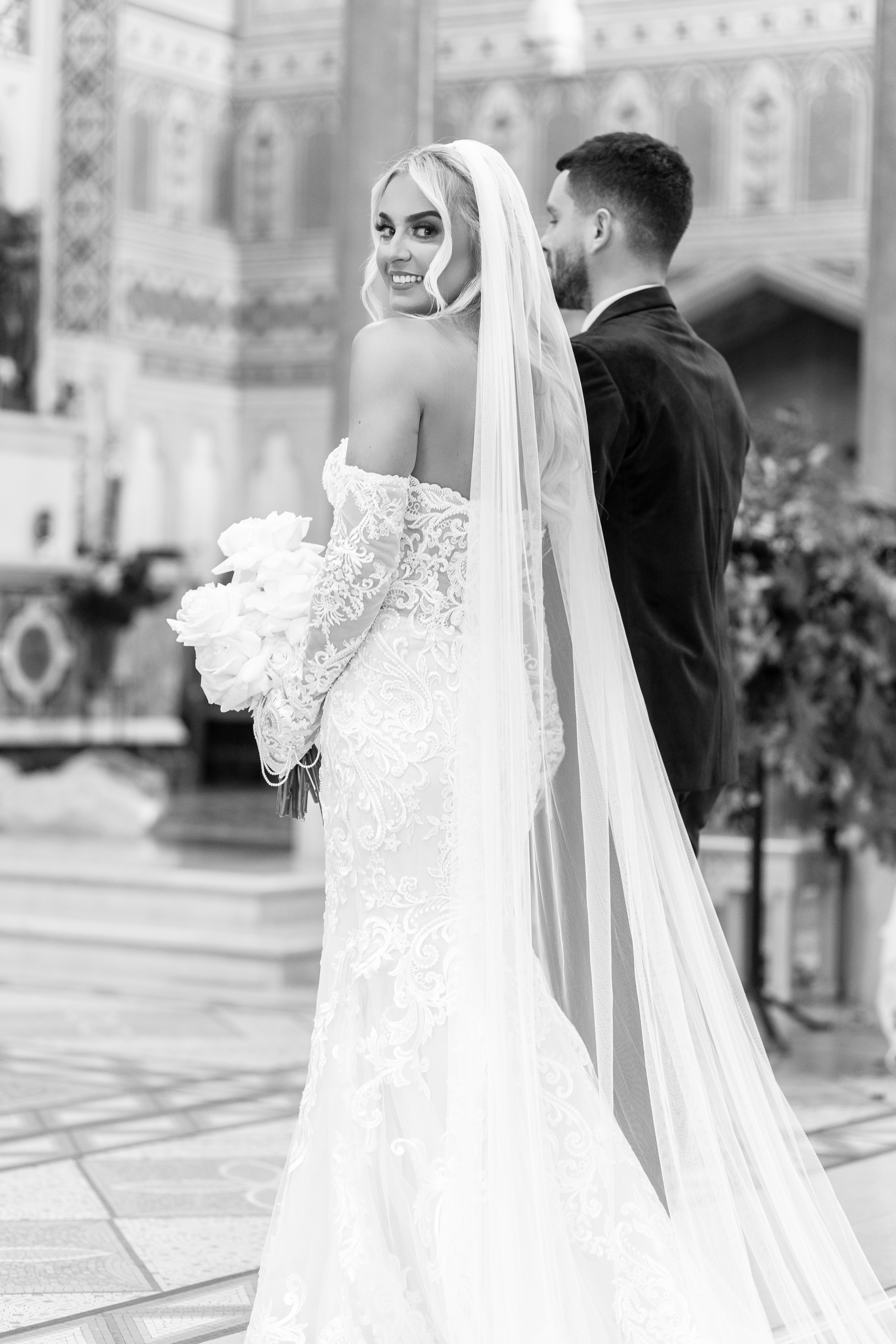 Bride looking back in the cathedral