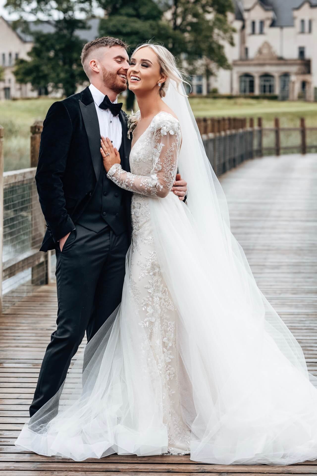 Wedding couple on boardwalk Lough Erne Resort