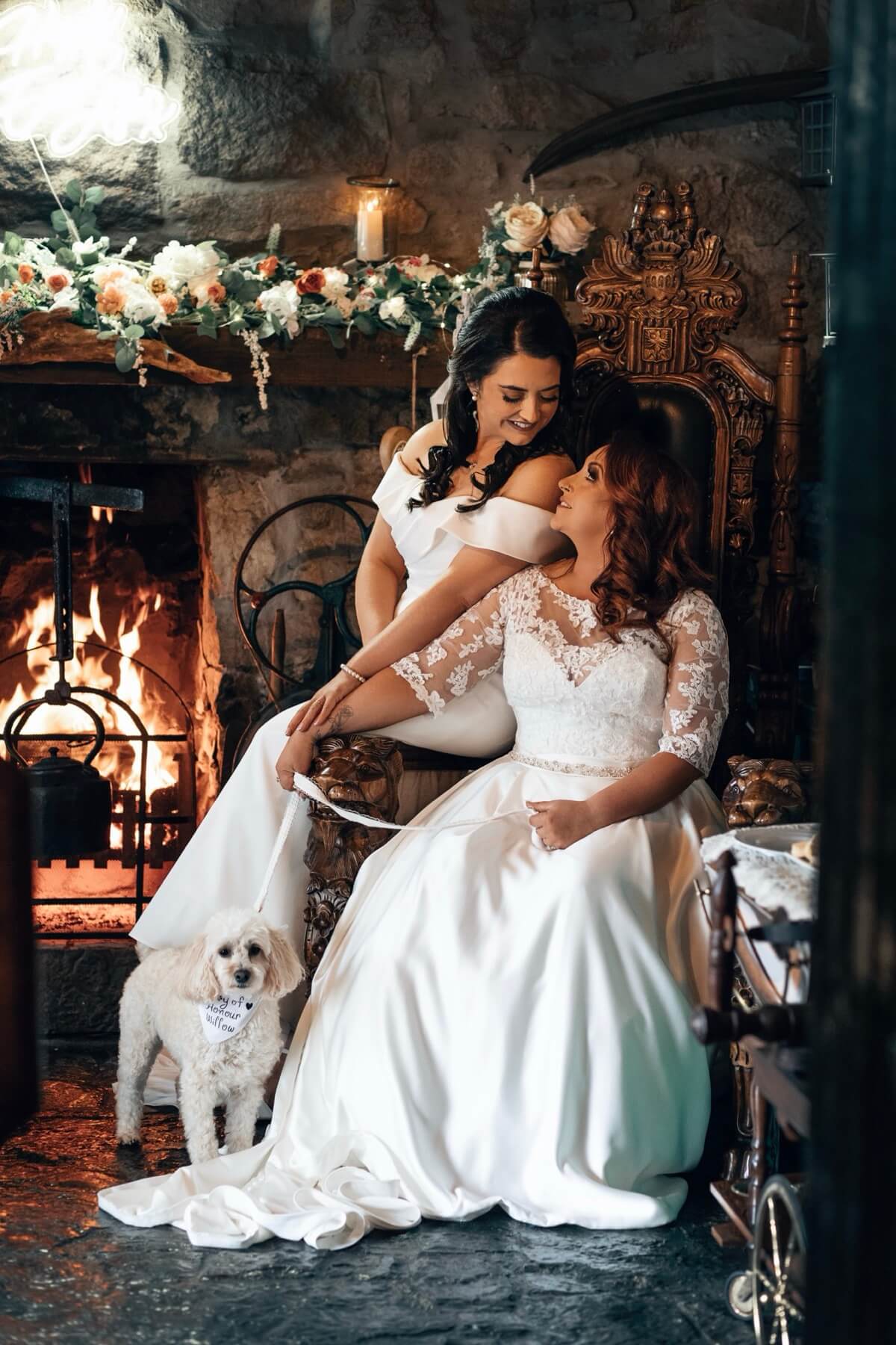Wedding couple by cottage fireplace Rocky Mountain Cottage Northern Ireland wedding photography